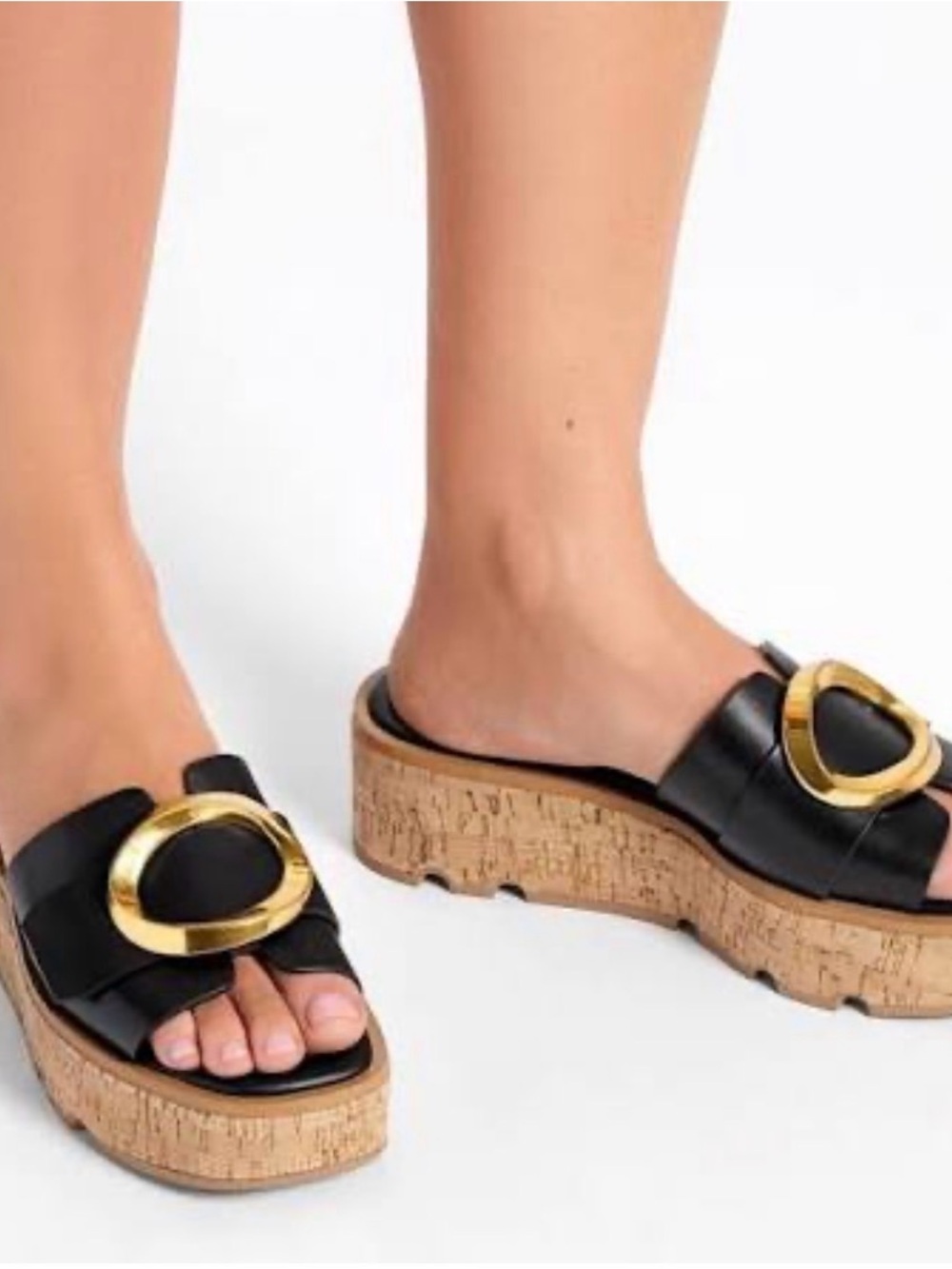 Black Leather Cork Platform Slide with Gold Accent